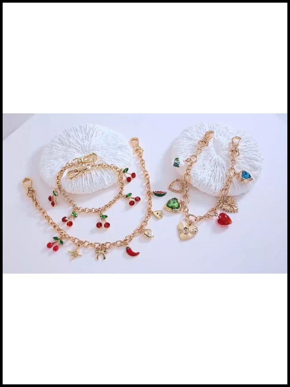 Gold Plated Fruit Charm Bag Chain Keychain Purse Accessory 7 Charms Cherry